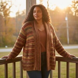 Alfred Dunner Open Front Cardigan Autumn Colors Striped Women's Size 3X Cozy EUC